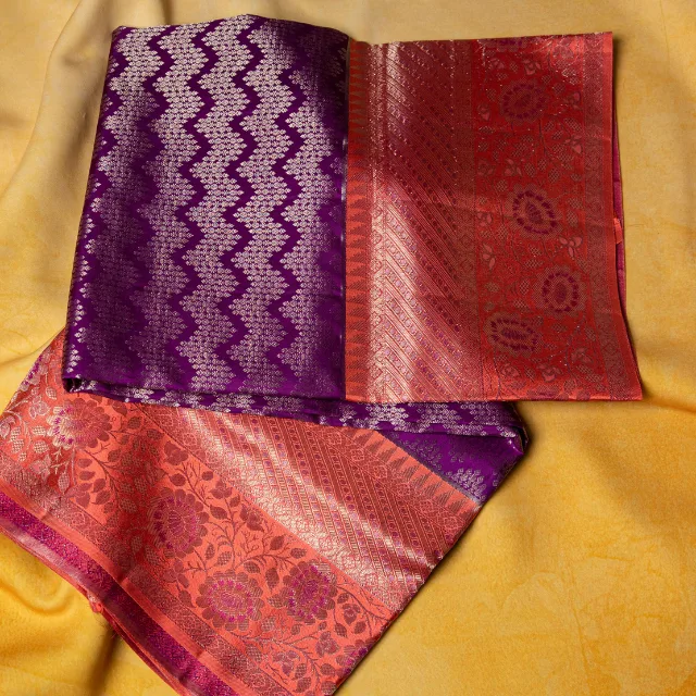 Regal Royal Purple & Peach-Pink Kanchipuram Silk Saree.