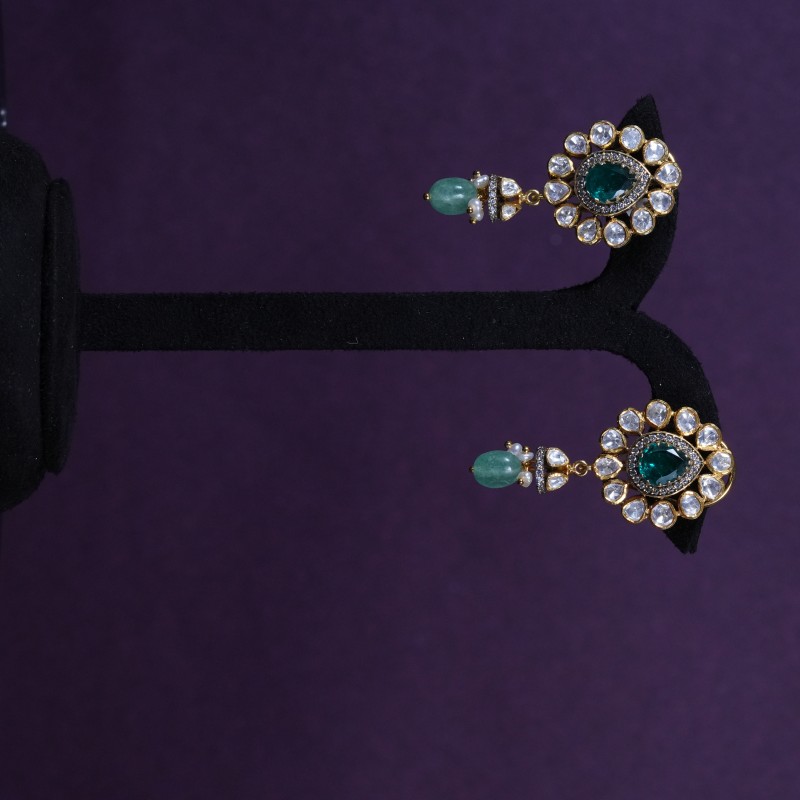 Emerald Polki Pearl Bridal Drop Earrings