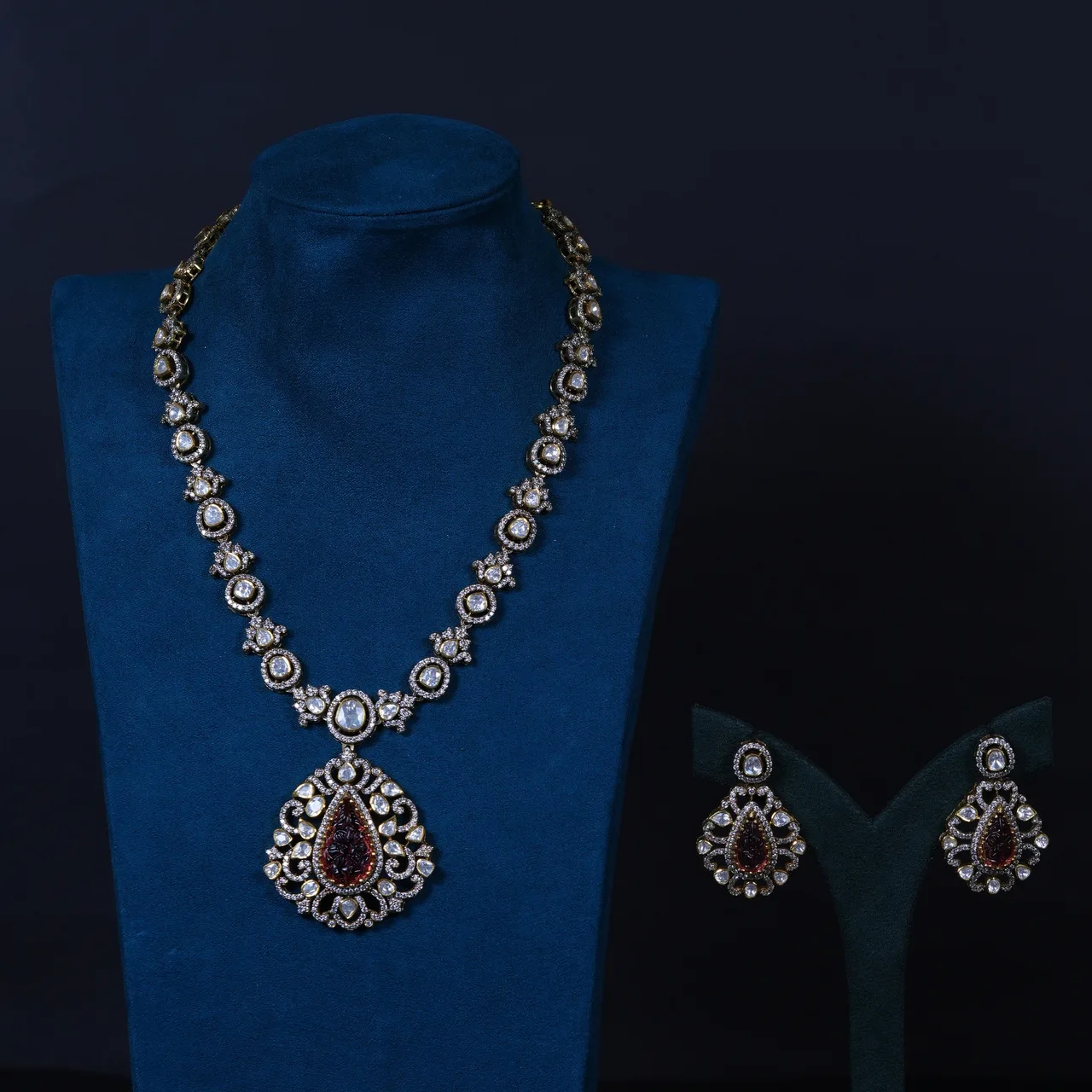 Real Polki & Carved Ruby Necklace & earrings in 92.5 Silver