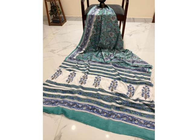 EVWAAH Seafoam Sapphire Blossom Silk Saree