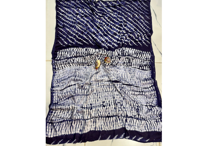 EVWAAH Indigo Wave Shibori Ajrakh Silk Saree