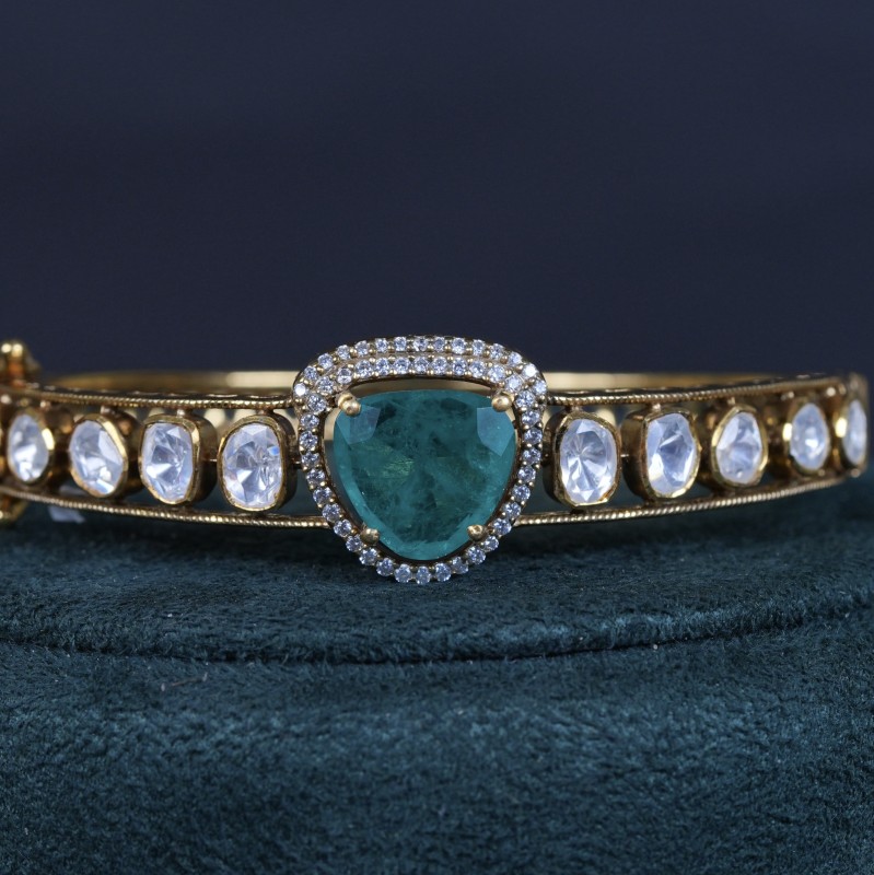 92.5 Sterling Silver Polki Emerald openable kada