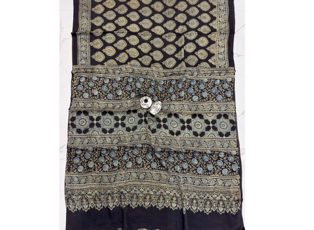 EVWAAH Ebony Imperial Ajrakh Silk Saree