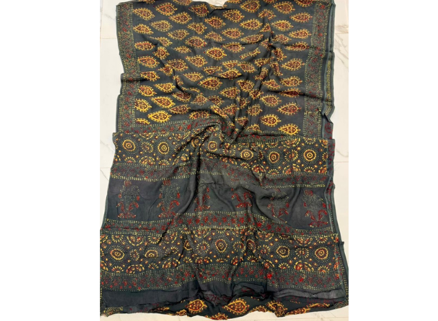EVWAAH Charcoal Amber Kalka Ajrakh Silk Saree