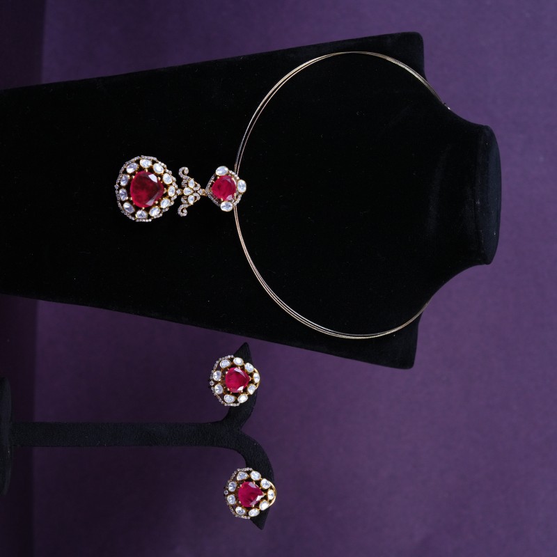 Ruby Polki Double Drop Statement Pendant Set