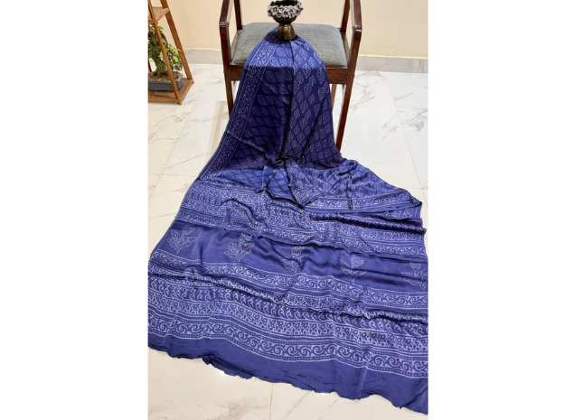 EVWAAH Indigo Meadow Botanical Silk Saree