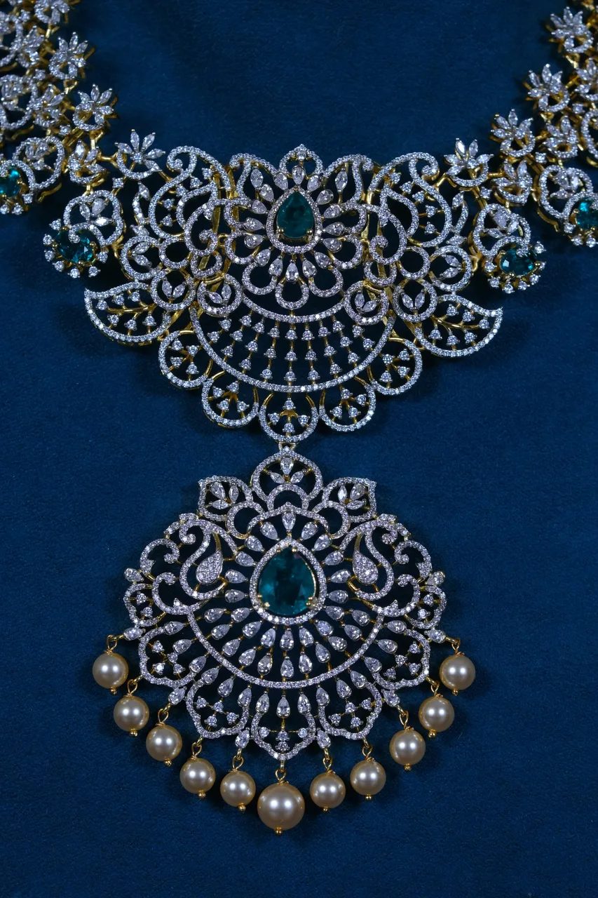 Emerald Diamond-Replica Necklace Set in 92.5 Sterling Silver