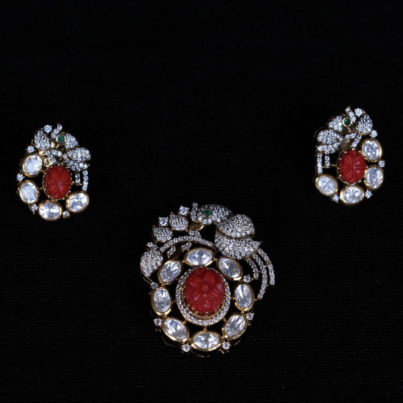 Polki Coral Pendant Set