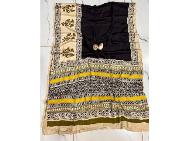 EVWAAH Charcoal Canary Botanical Silk Saree