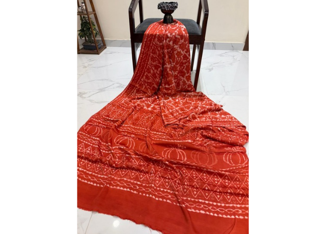 EVWAAH Rust Coral Shibori-Ajrakh Saree