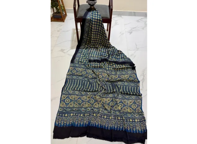 EVWAAH Indigo Sage Geometric Architectural Ajrakh Saree