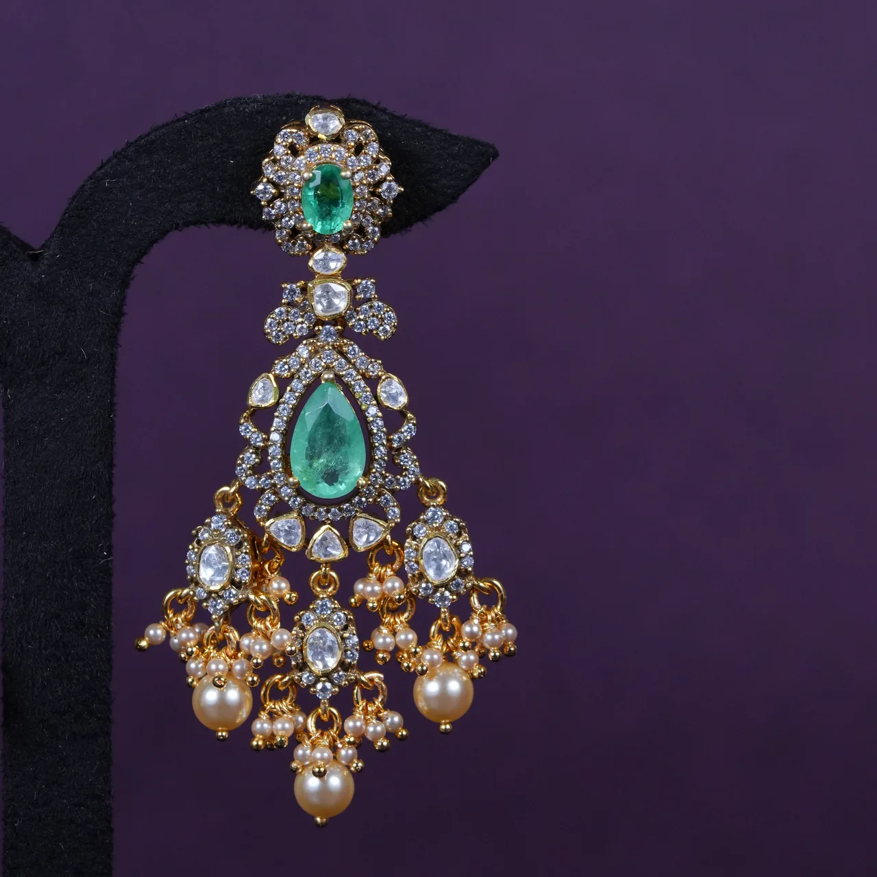 Emerald Cascade Kundan Statement Haram in 92.5 stelimg silver