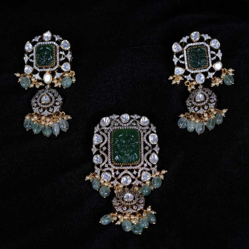 Carved Emerald Pendant Set