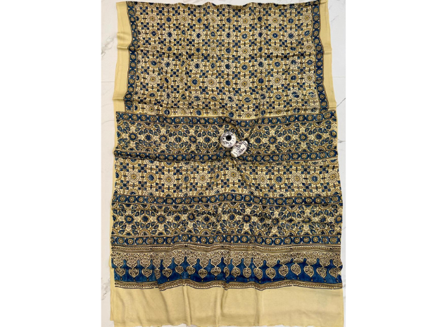 EVWAAH Ivory Azure Ajrakh Silk Saree