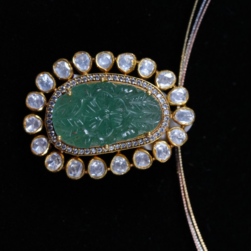 Carved Emerald Polki Halo Pendant Set