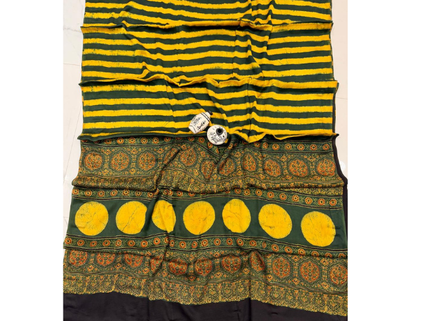 EVWAAH Olive Citron Leheriya & Ajrakh Fusion Saree