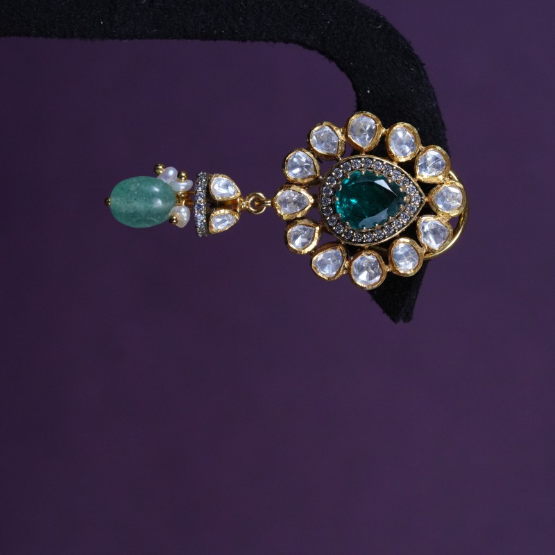 Emerald Polki Pearl Bridal Drop Earrings