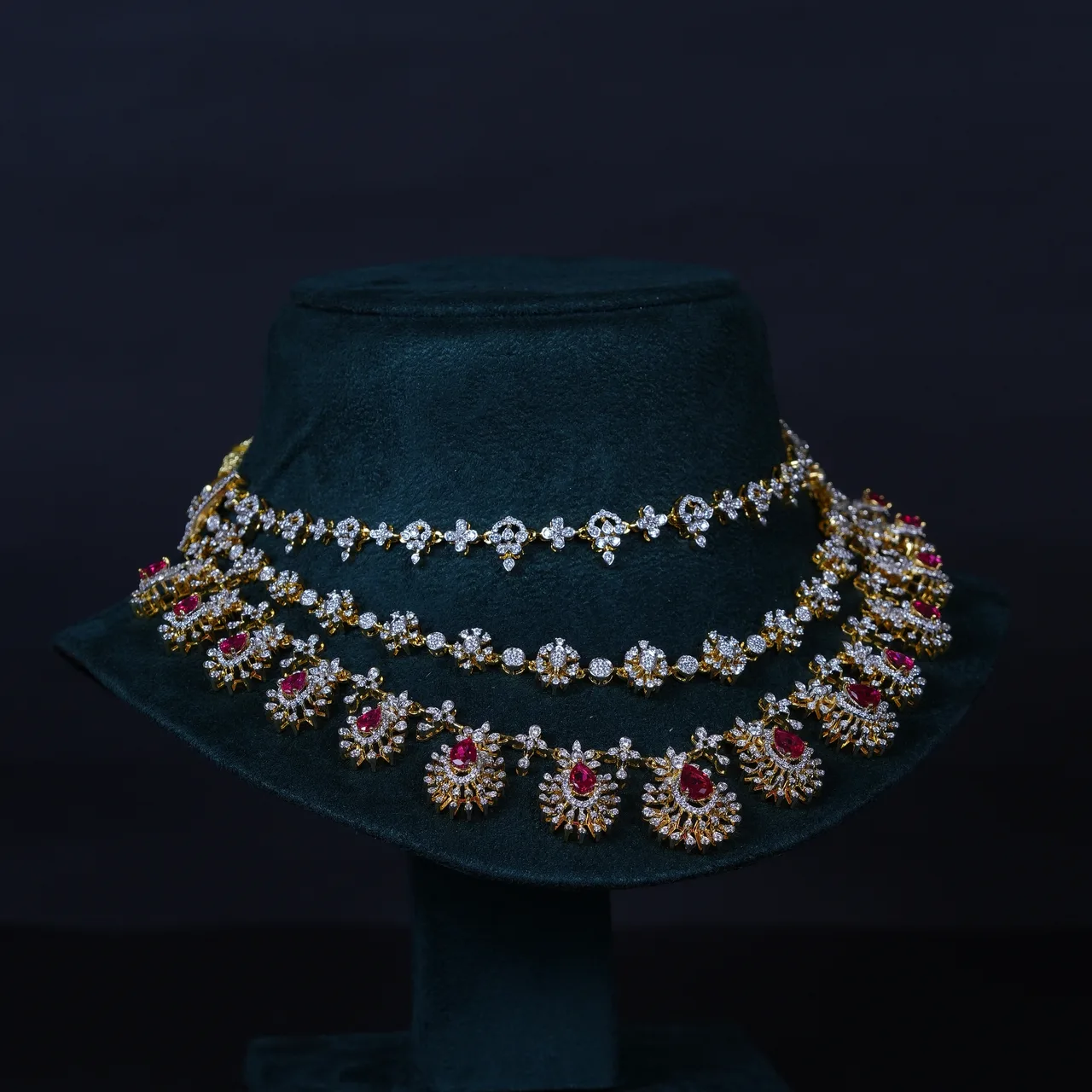 Royal 3-Layer Emerald Diamond-Replica Necklace with Beautiful Jhumkas in 92.5 Sterling Silver