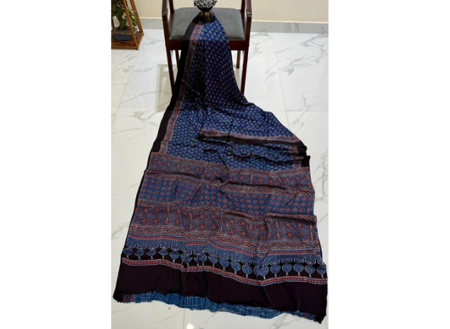 EVWAAH Royal Indigo Crimson Rosette Ajrakh Saree