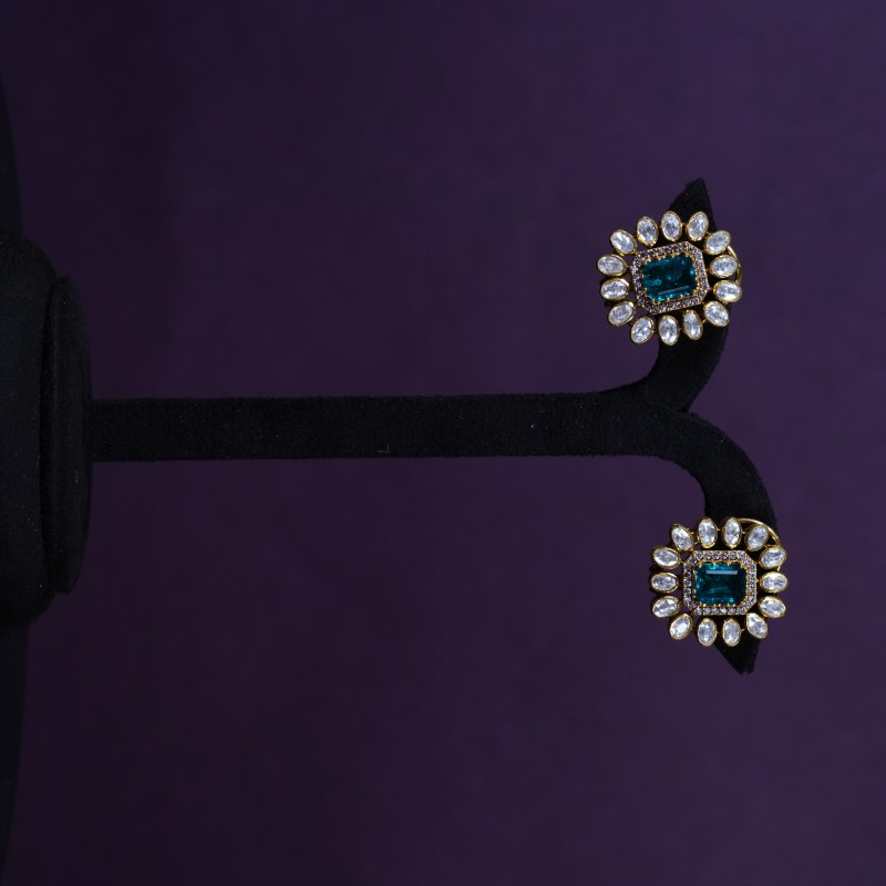 Teal Polki Halo Statement Stud Earrings