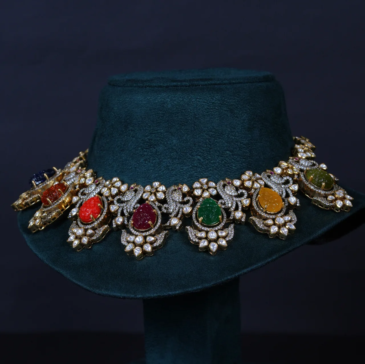 Royal Carved Navaratna Polki Necklace & earrings with Moissanite in 92.5 Sterling Silver