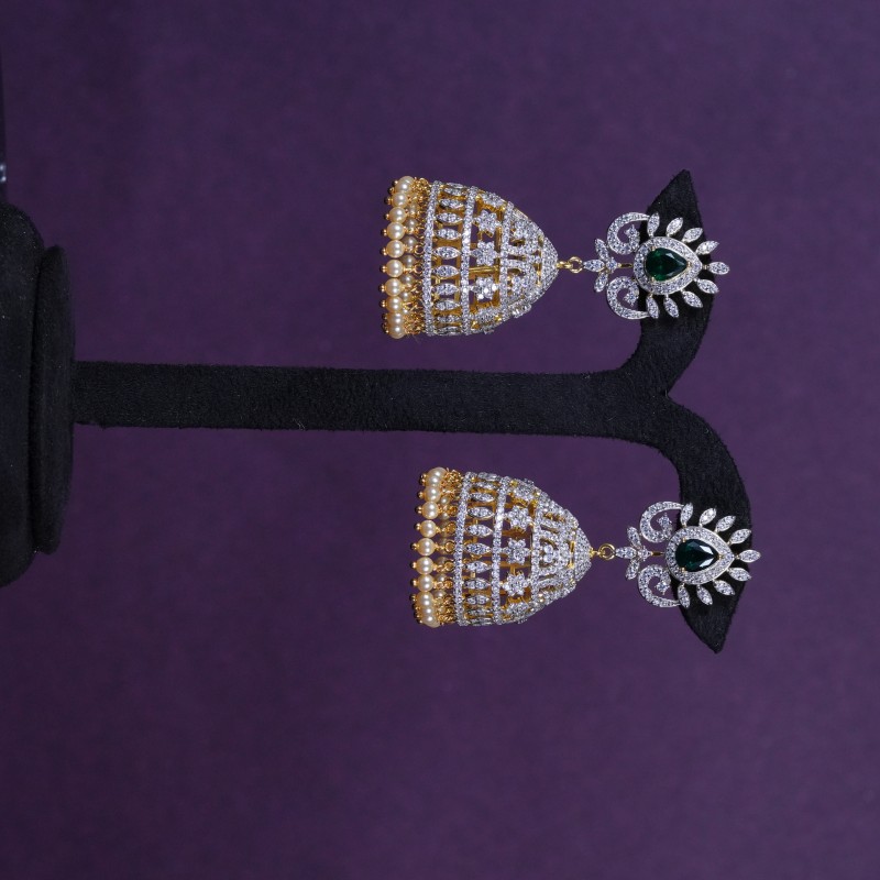 Emerald American Diamond Pearl Dome Jhumka Earrings