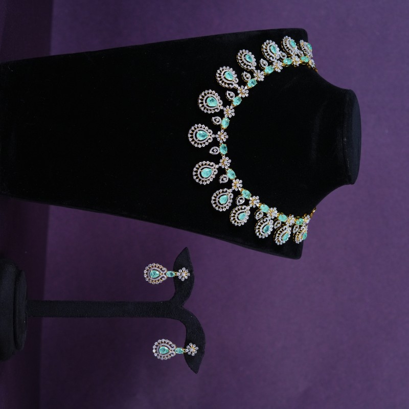 Emerald American Diamond Teardrop Necklace Set