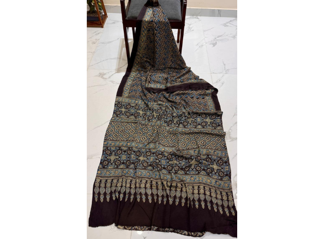 EVWAAH Midnight Mystique Ajrakh Silk Saree
