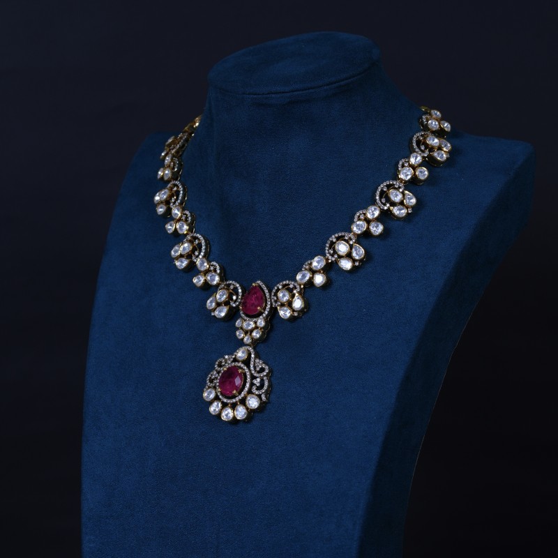 Elegant Polki Ruby Necklace with Earings in 92.5 Silver