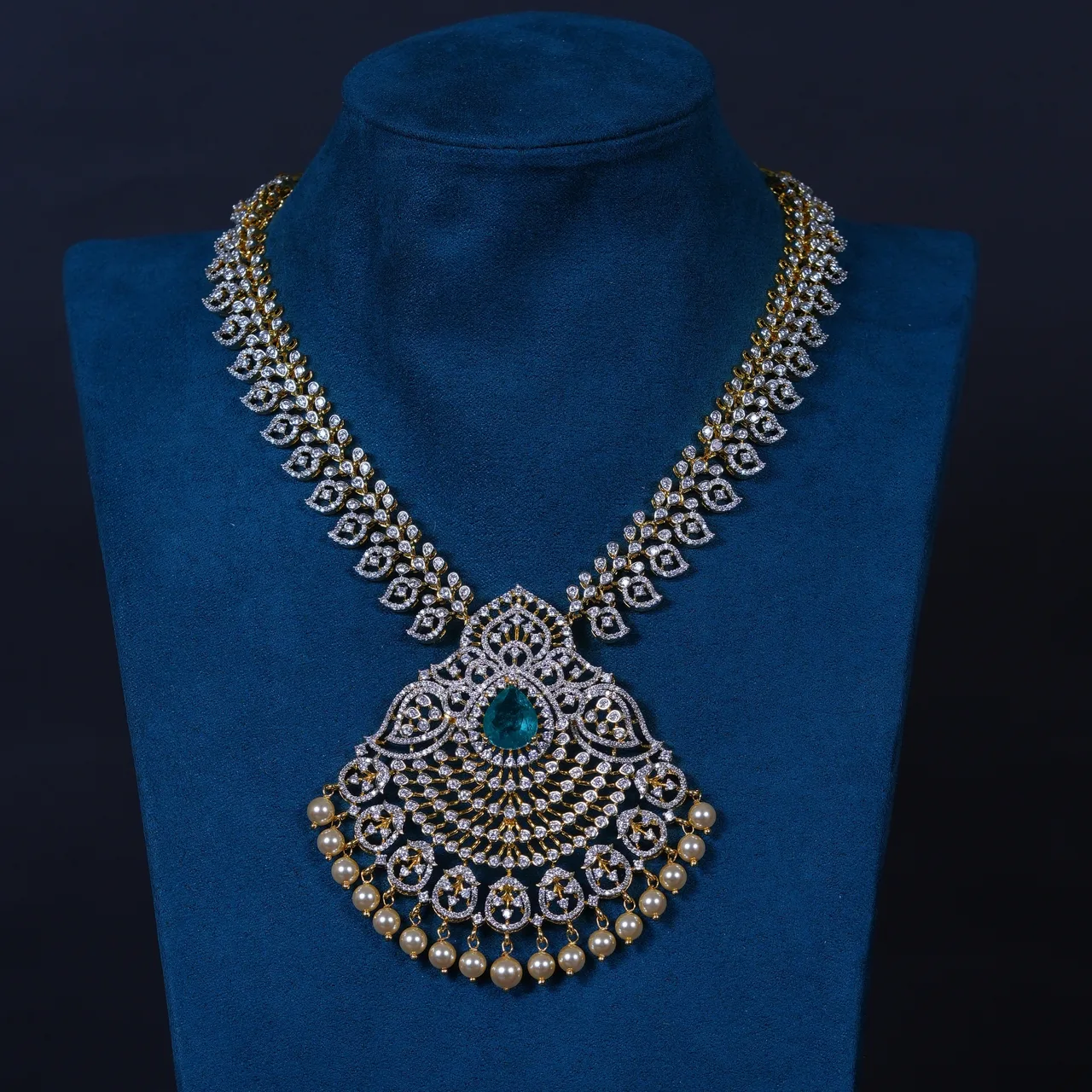 Emerald Mango American Diamond Necklace with Earrings in 92.5 Sterling Silver