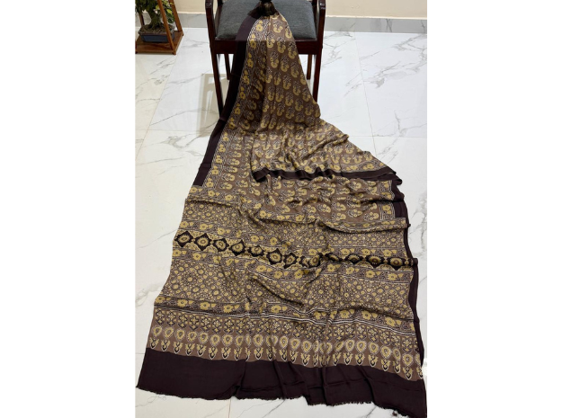 EVWAAH Mocha Heritage Ajrakh Silk Saree