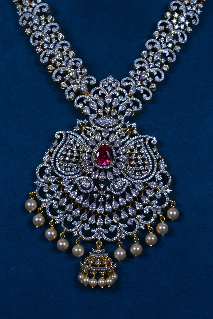 Royal Emerald Diamond-Replica Long Haram in 92.5 Sterling Silver with Jhumka-Style Earrings