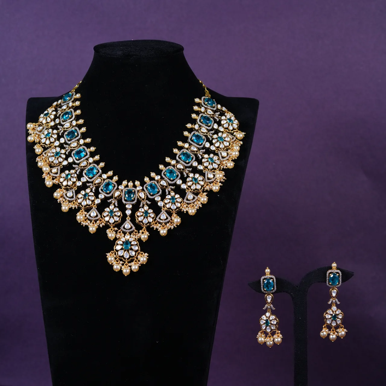 Royal Azure Polki Pearl Bridal Statement Necklace in 92.5 stelimg silver