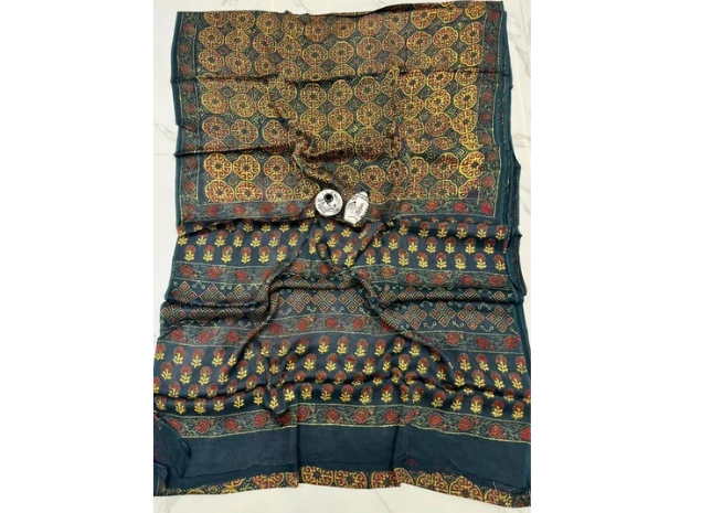 EVWAAH Charcoal Amber Rosette Ajrakh Saree