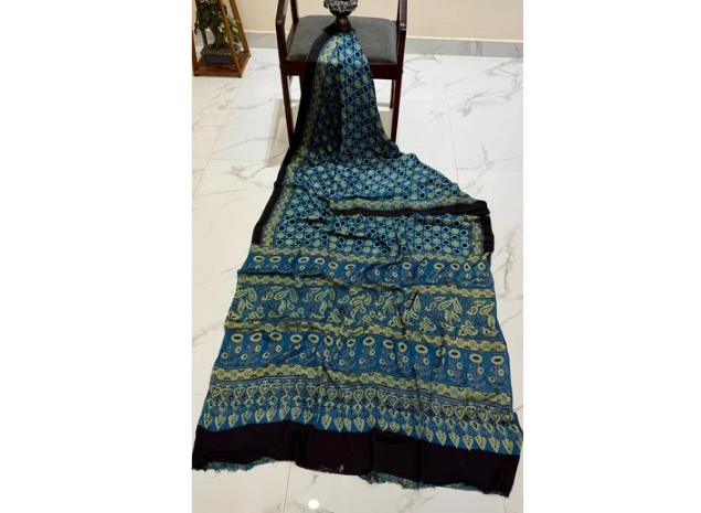 EVWAAH Cerulean Sage Paisley Ajrakh Saree