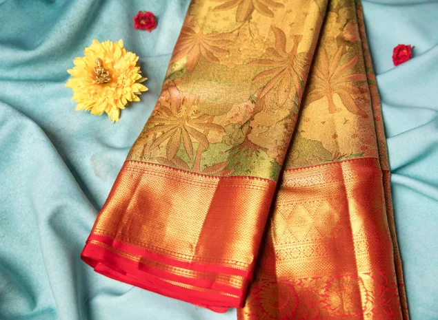 Tropical Verdure Gold & Crimson, Enchanted Forest Multi-Tone Kanjeevaram Handloom Pattu Silk Saree.