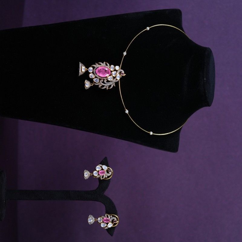 Pink American Diamond Peacock Drop Pendant Set