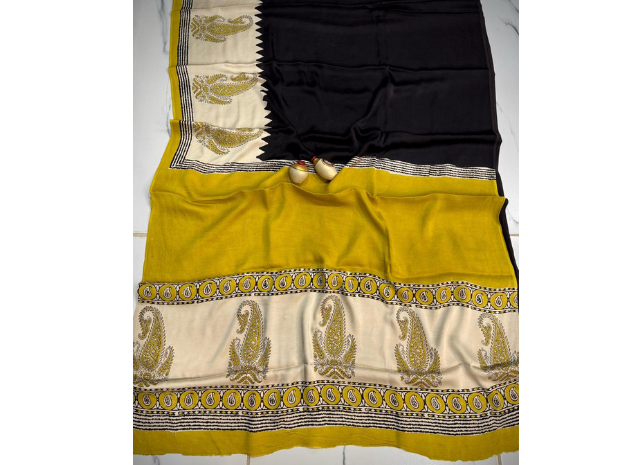 EVWAAH Noir Mustard Kalka Ajrakh Silk Saree