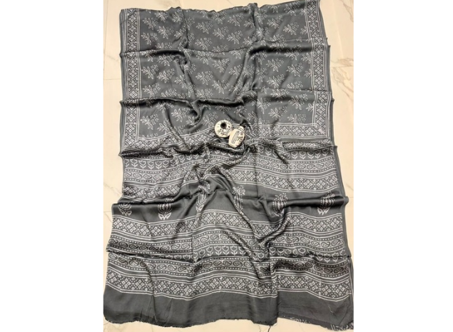 EVWAAH Slate Charcoal Tulip-Panel Ajrakh Saree