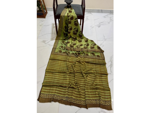 EVWAAH Olive Chestnut Blossom Silk Saree