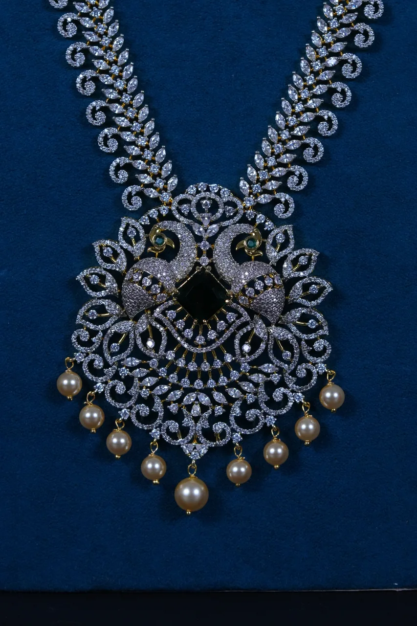 Royal Peacock American Diamond Long Haram in 92.5 Sterling Silver