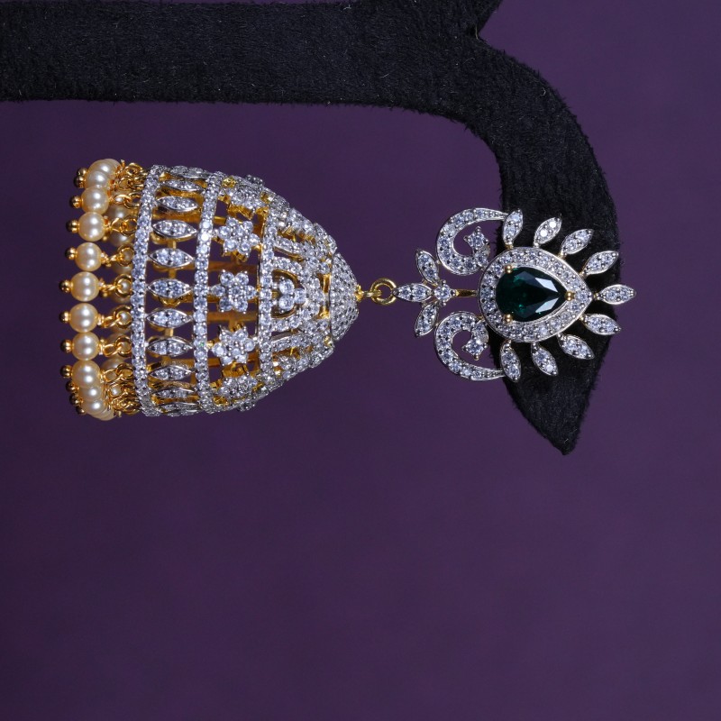 Emerald American Diamond Pearl Dome Jhumka Earrings