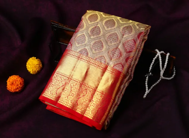 Royal Rose-Gold & Crimson Kanchipuram Silk Saree.