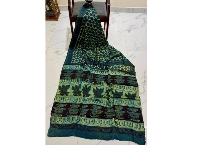 EVWAAH Emerald Sage Foliage Ajrakh Saree