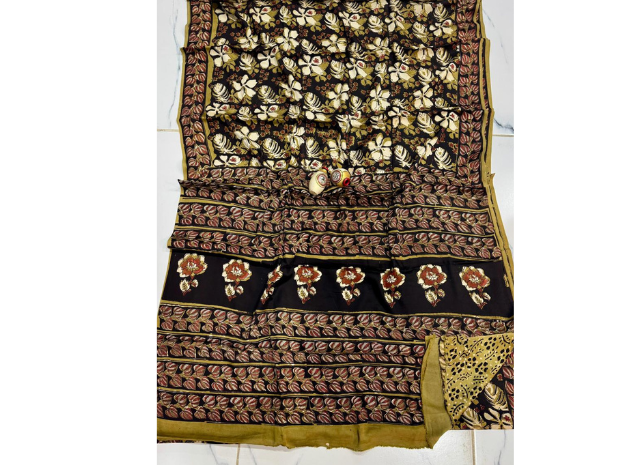 EVWAAH Earth Charcoal Blossom Silk Saree