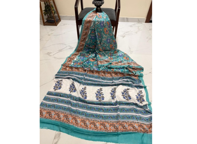EVWAAH Seafoam Tangerine Bouquet Silk Saree