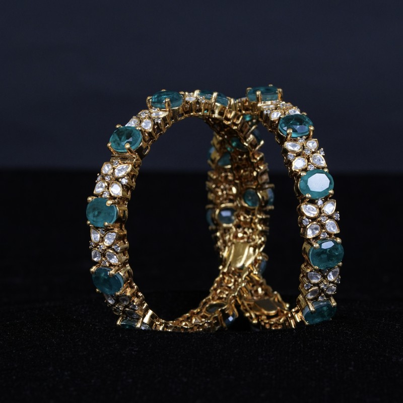 92.5 Sterling Silver Emerald  Kundan Openable Kada Bangles