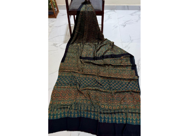 EVWAAH Forest Terracotta Medallion Ajrakh Saree