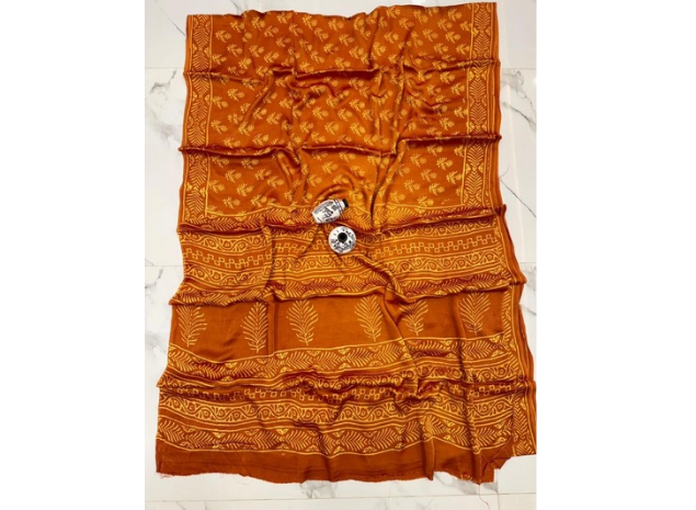EVWAAH Mustard Turmeric Pinecone Ajrakh Saree
