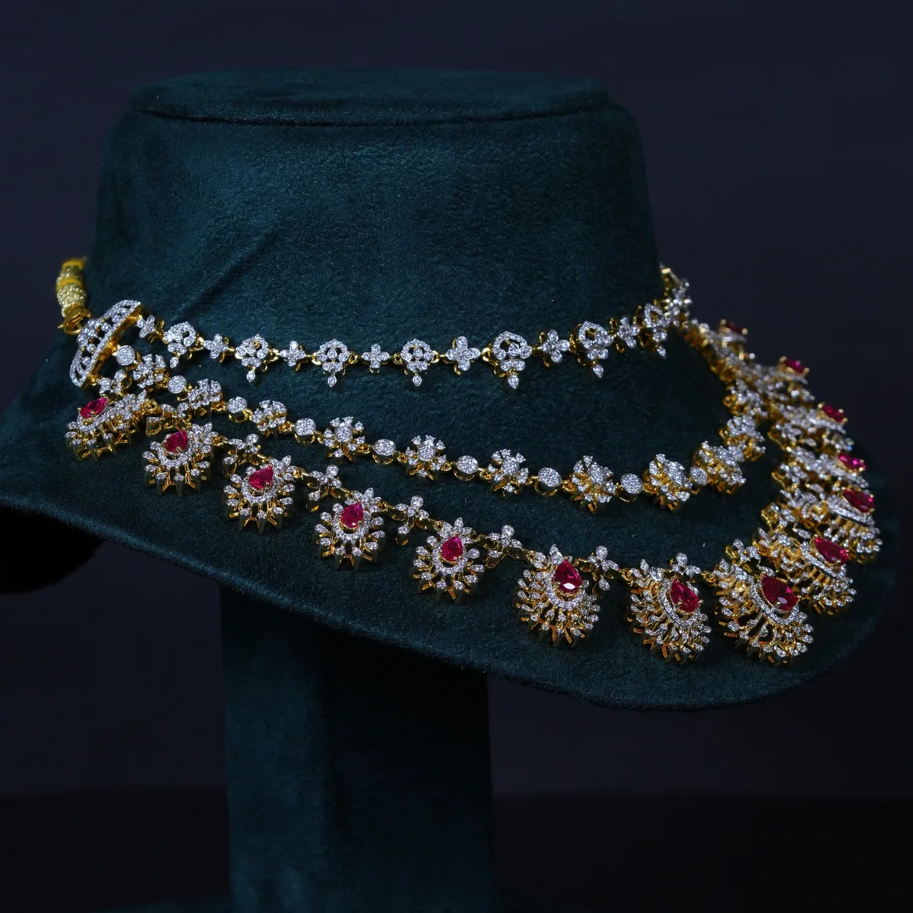 Royal 3-Layer Emerald Diamond-Replica Necklace with Beautiful Jhumkas in 92.5 Sterling Silver